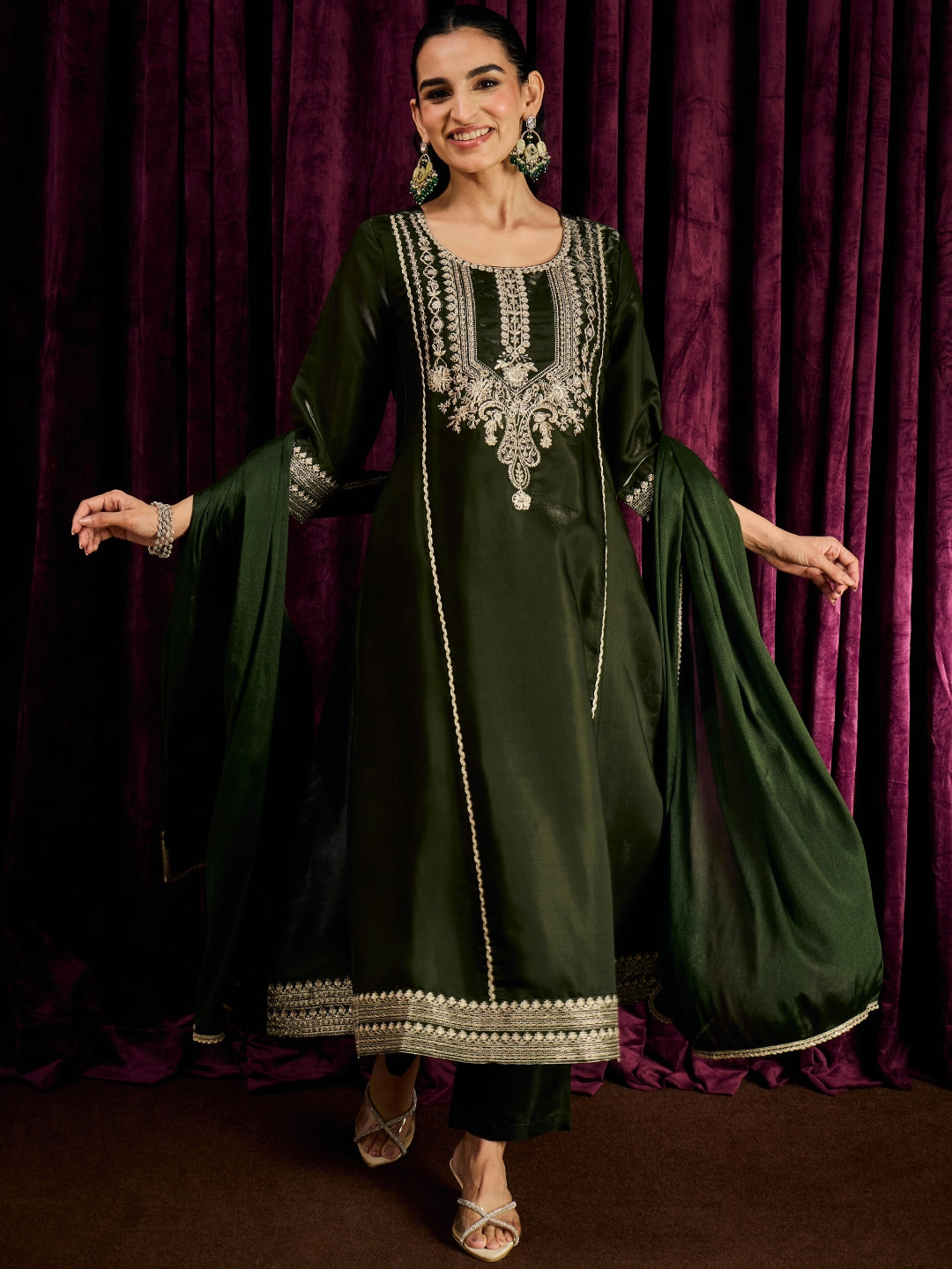 Janasya Women's Olive Green Silk Blend Floral Embroidered Anarkali Kurta Set