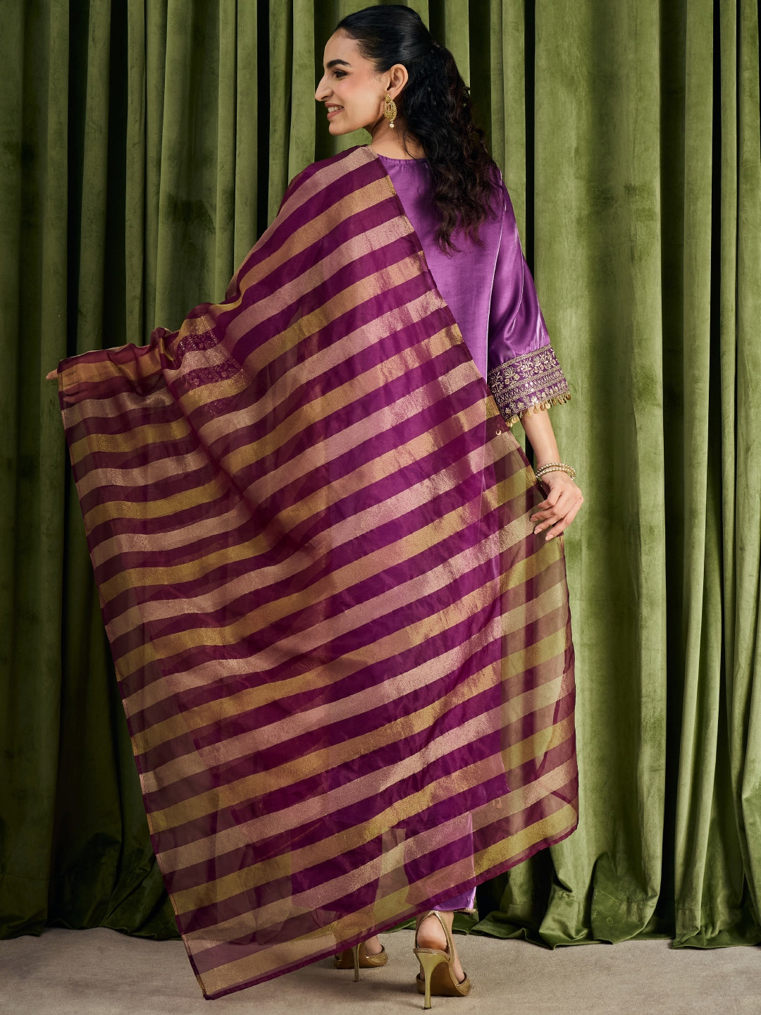 Janasya Women's Purple Silk Blend Floral Yoke Embroidered Straight Kurta Set