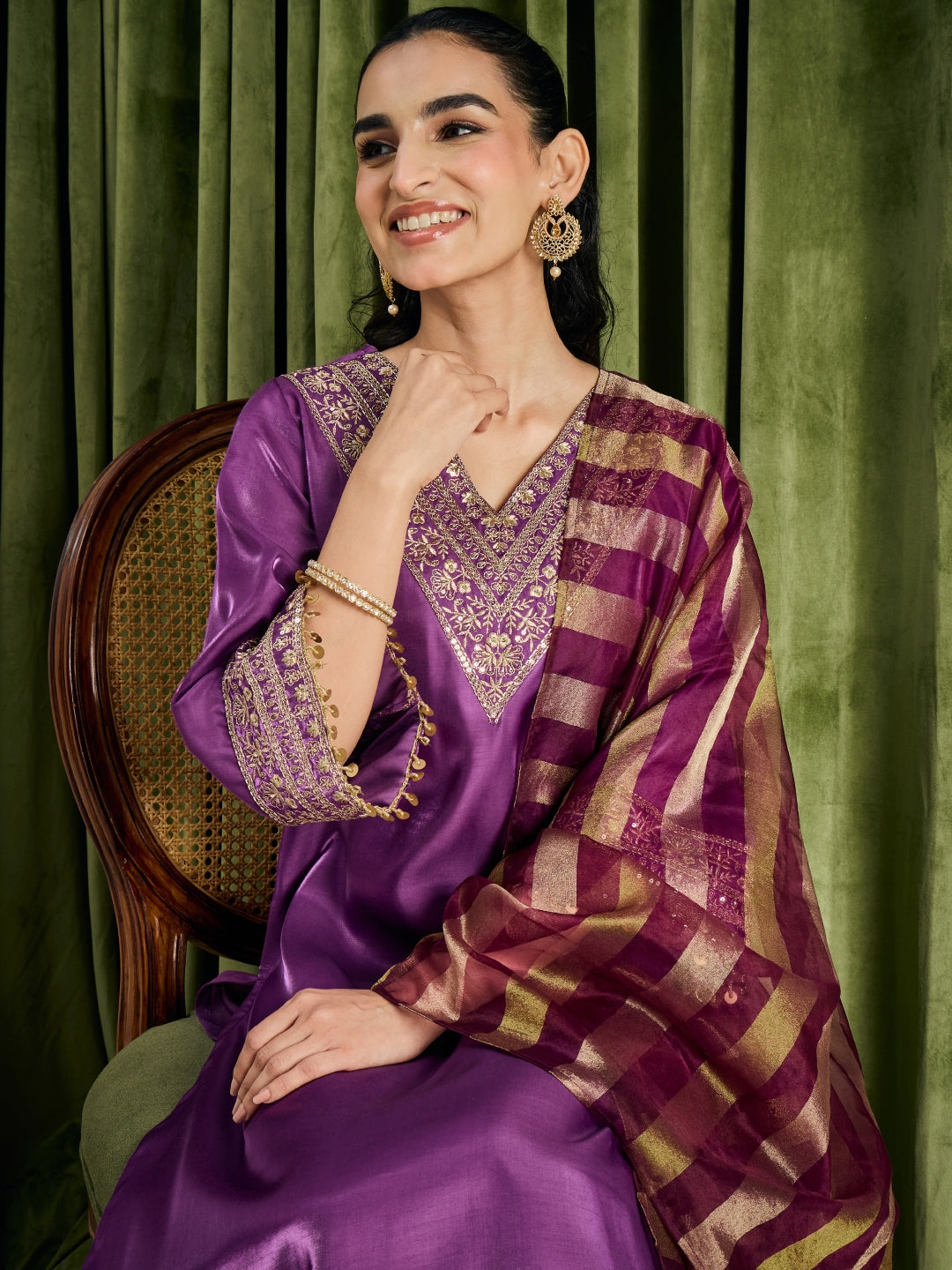Janasya Women's Purple Silk Blend Floral Yoke Embroidered Straight Kurta Set