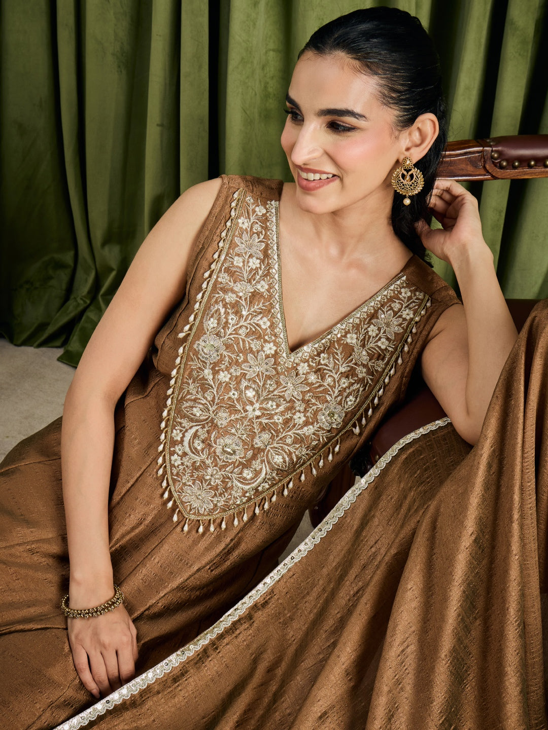 Janasya Women's Bronze Silk Blend Beads Zari Yoke Embroidered Anarkali Set