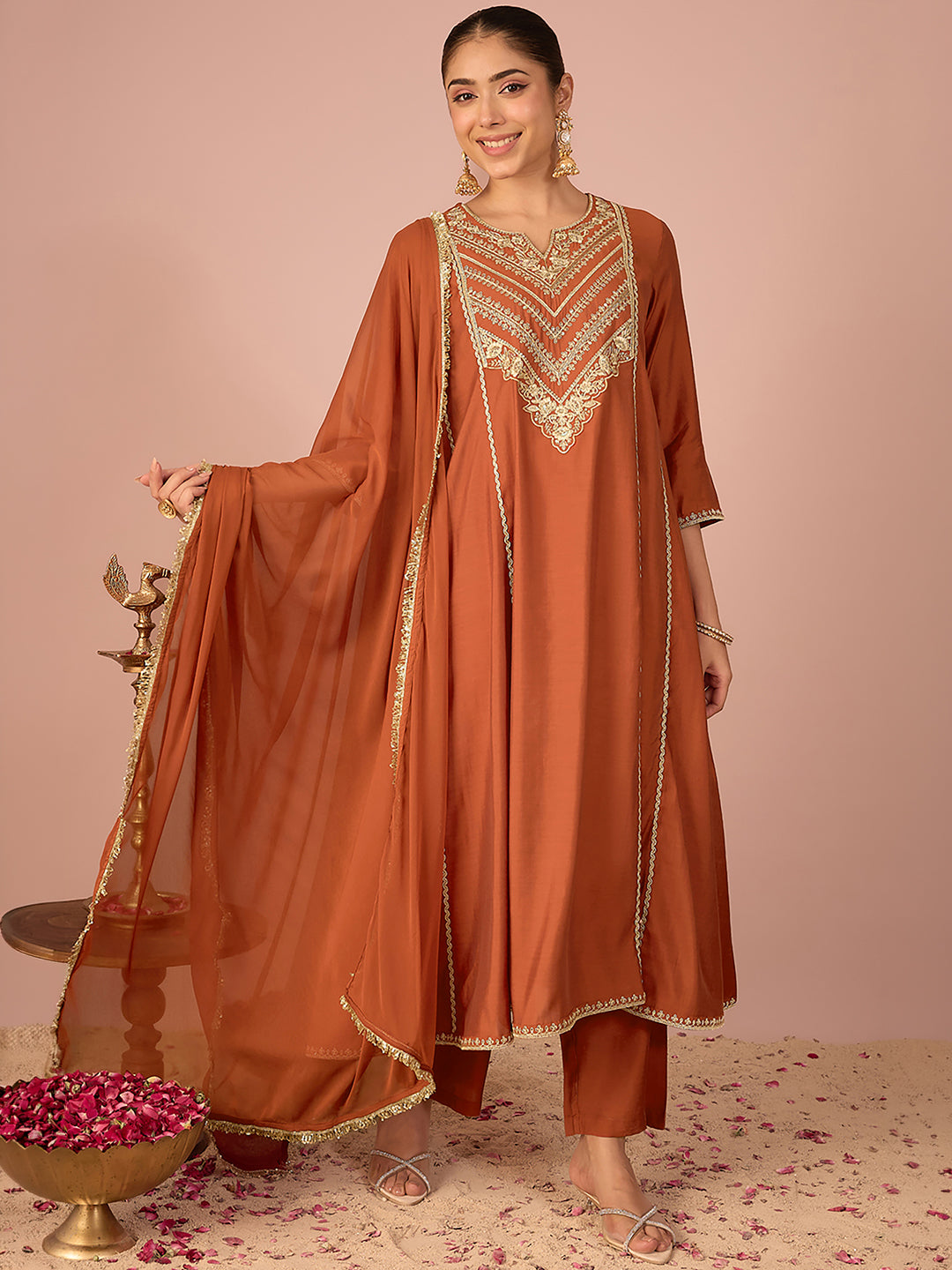 Janasya Women's Rust Chanderi Silk Floral Sequins and Zari Embroidered Anarkali Kurta Set