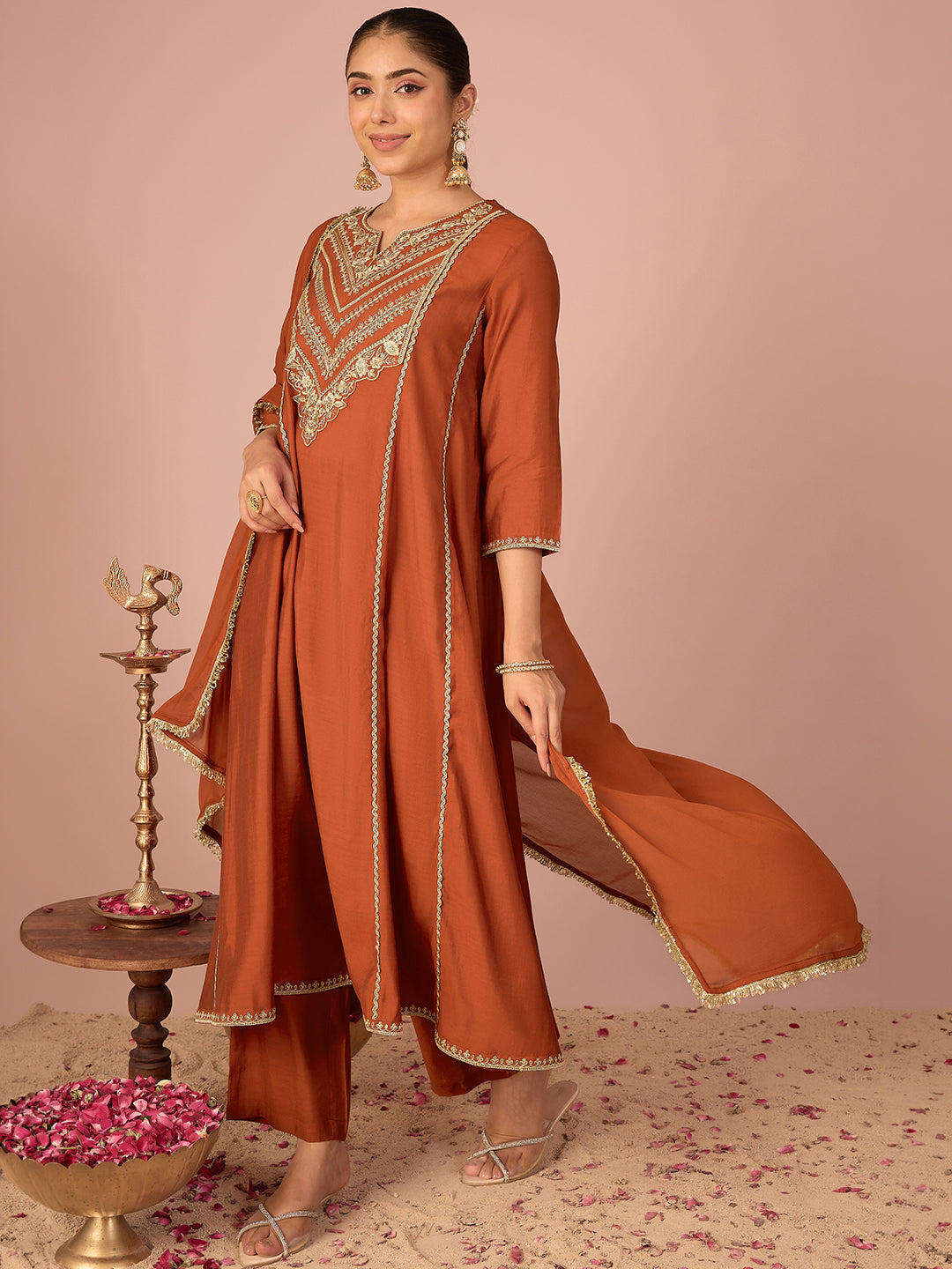 Janasya Women's Rust Chanderi Silk Floral Sequins and Zari Embroidered Anarkali Kurta Set