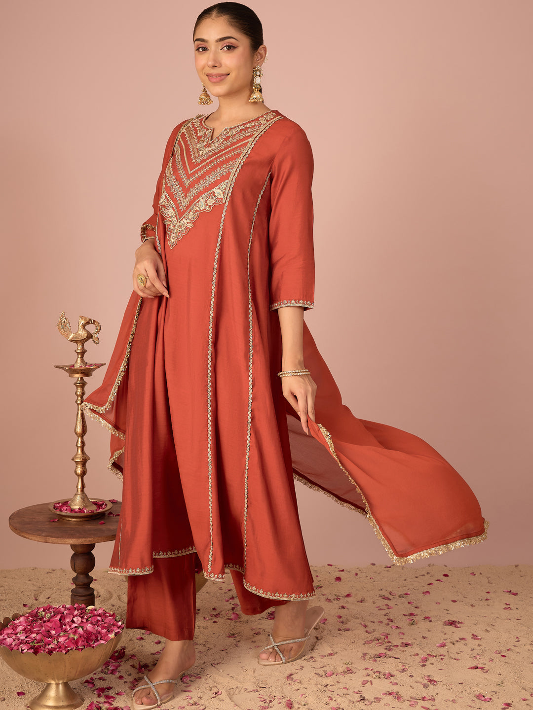 Janasya Women's Rust Chanderi Silk Floral Sequins and Zari Embroidered Anarkali Kurta Set