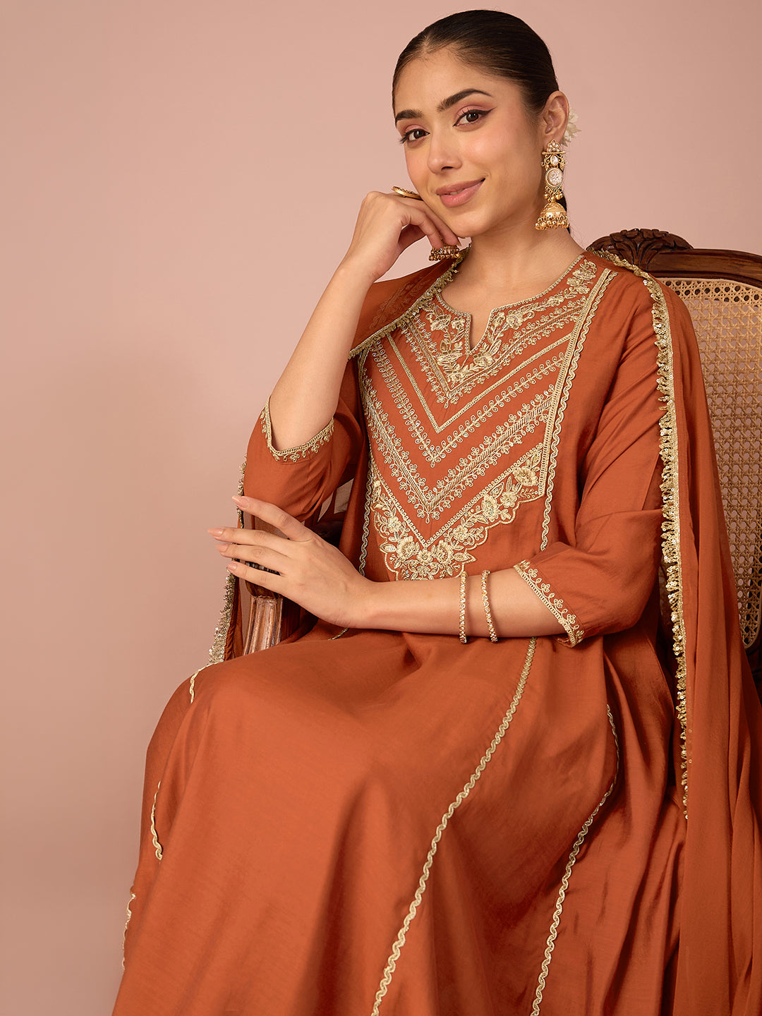 Janasya Women's Rust Chanderi Silk Floral Sequins and Zari Embroidered Anarkali Kurta Set