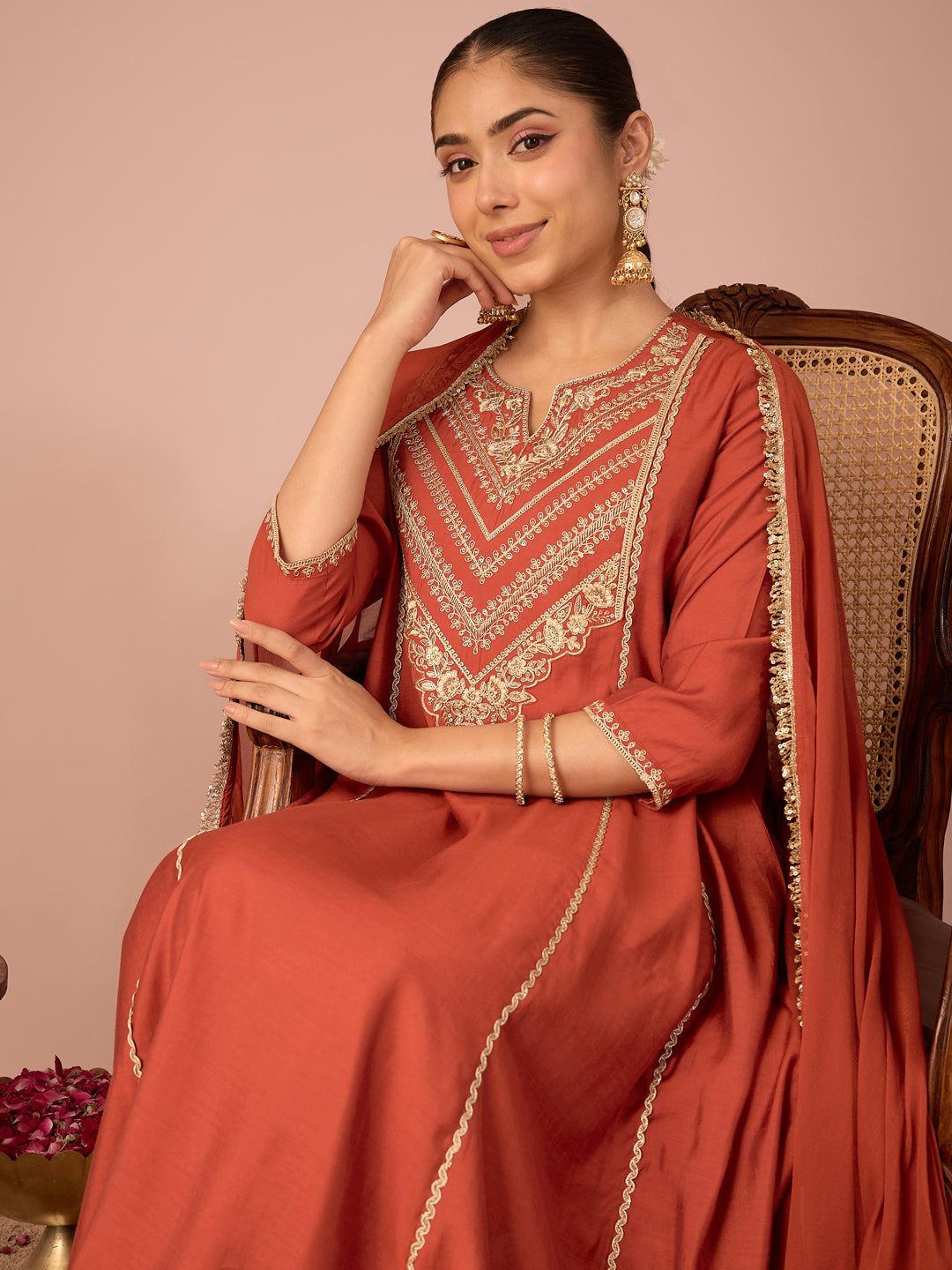Janasya Women's Rust Chanderi Silk Floral Sequins and Zari Embroidered Anarkali Kurta Set