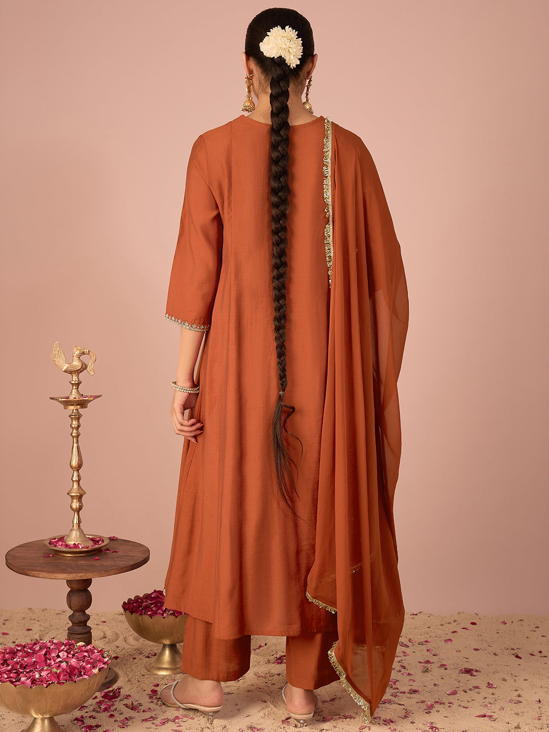 Janasya Women's Rust Chanderi Silk Floral Sequins and Zari Embroidered Anarkali Kurta Set