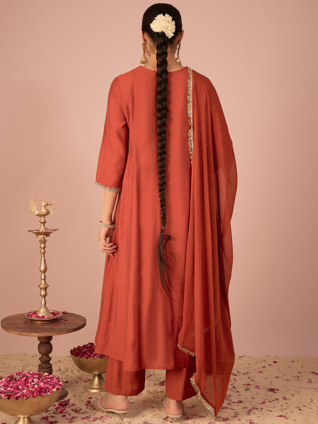 Janasya Women's Rust Chanderi Silk Floral Sequins and Zari Embroidered Anarkali Kurta Set