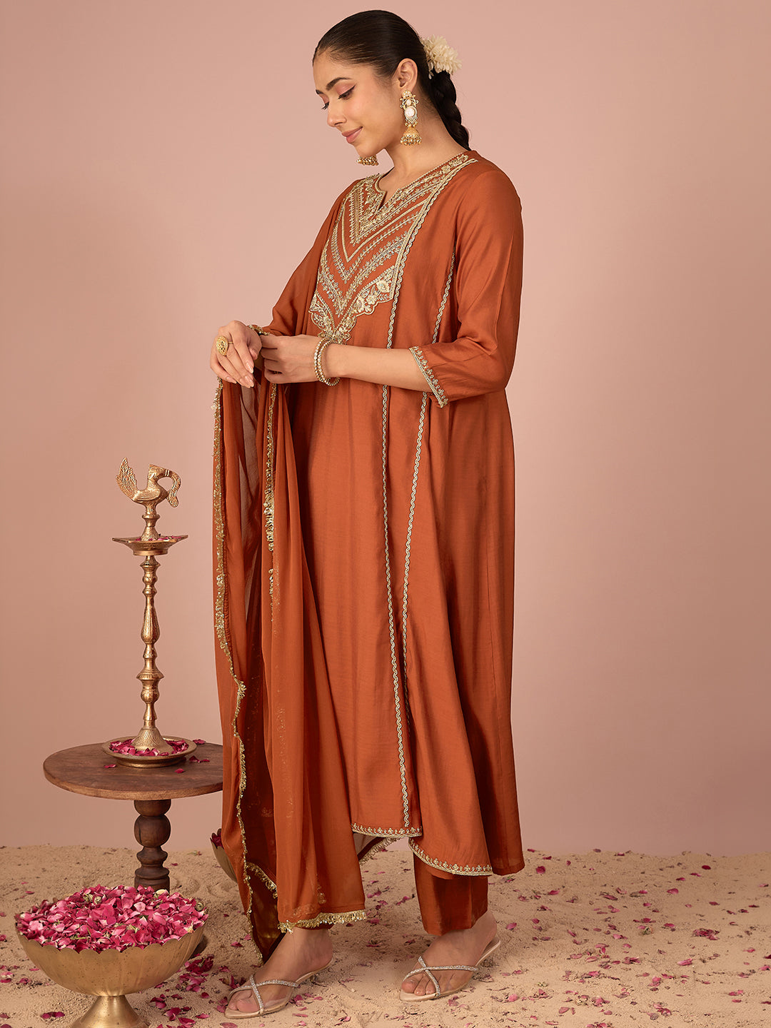 Janasya Women's Rust Chanderi Silk Floral Sequins and Zari Embroidered Anarkali Kurta Set