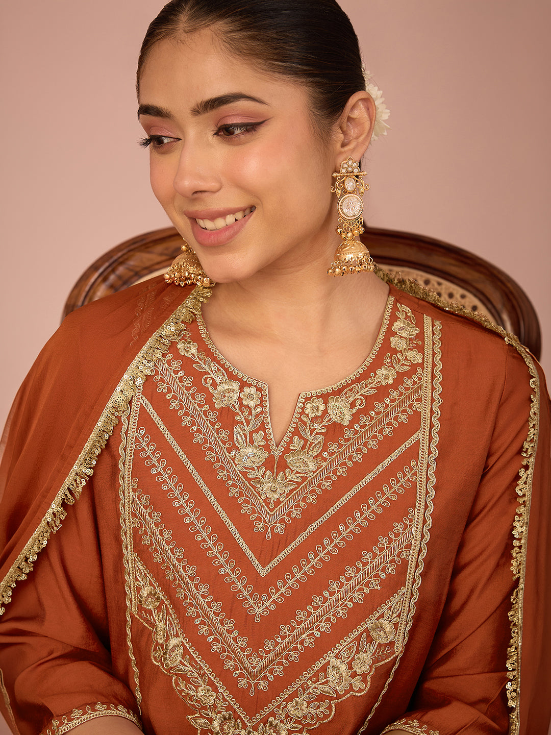Janasya Women's Rust Chanderi Silk Floral Sequins and Zari Embroidered Anarkali Kurta Set