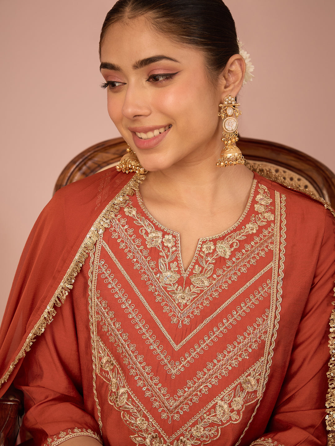 Janasya Women's Rust Chanderi Silk Floral Sequins and Zari Embroidered Anarkali Kurta Set