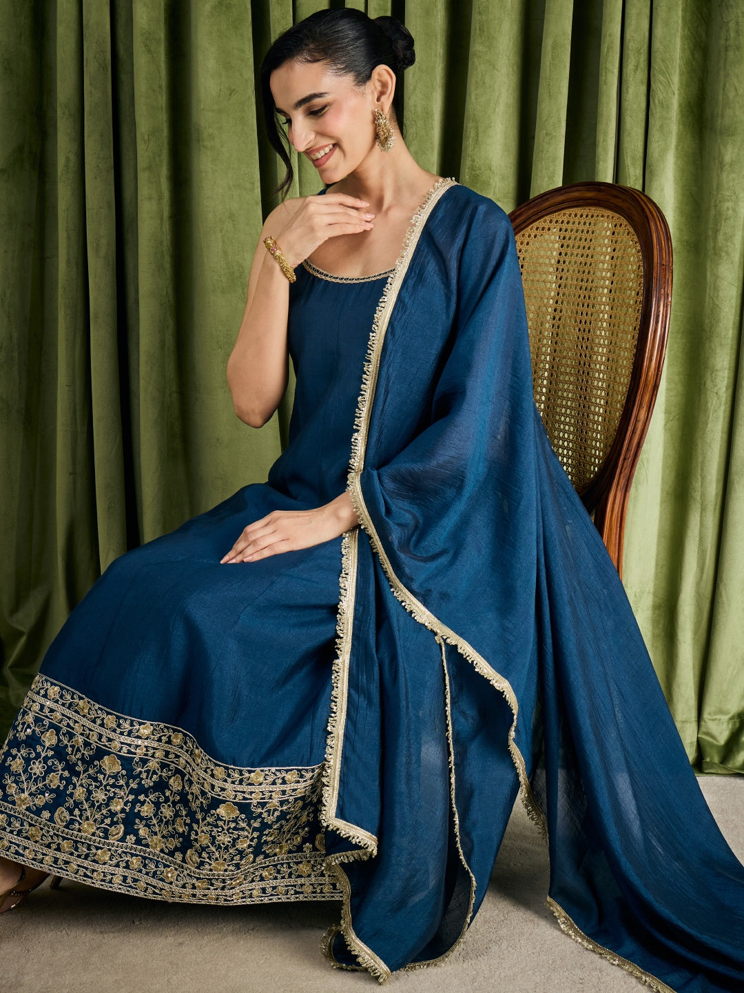 Janasya Women's Teal Blue Silk Blend Floral Zari Embroidered Anarkali Kurta Set