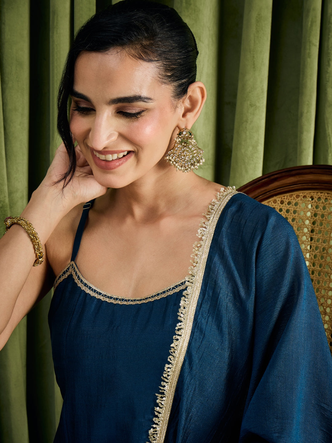 Janasya Women's Teal Blue Silk Blend Floral Zari Embroidered Anarkali Kurta Set