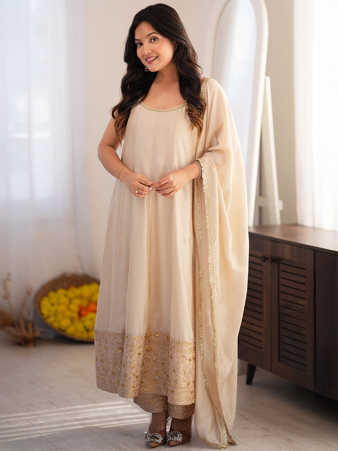 Janasya Women's Beige Silk Blend Floral Embroidered Anarkali Kurta Set