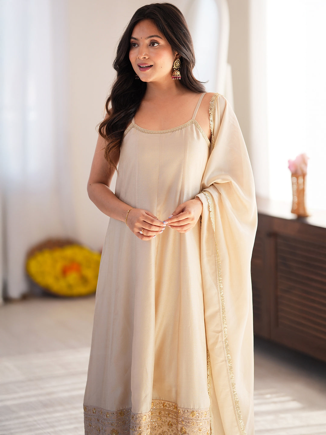Janasya Women's Beige Silk Blend Floral Embroidered Anarkali Kurta Set