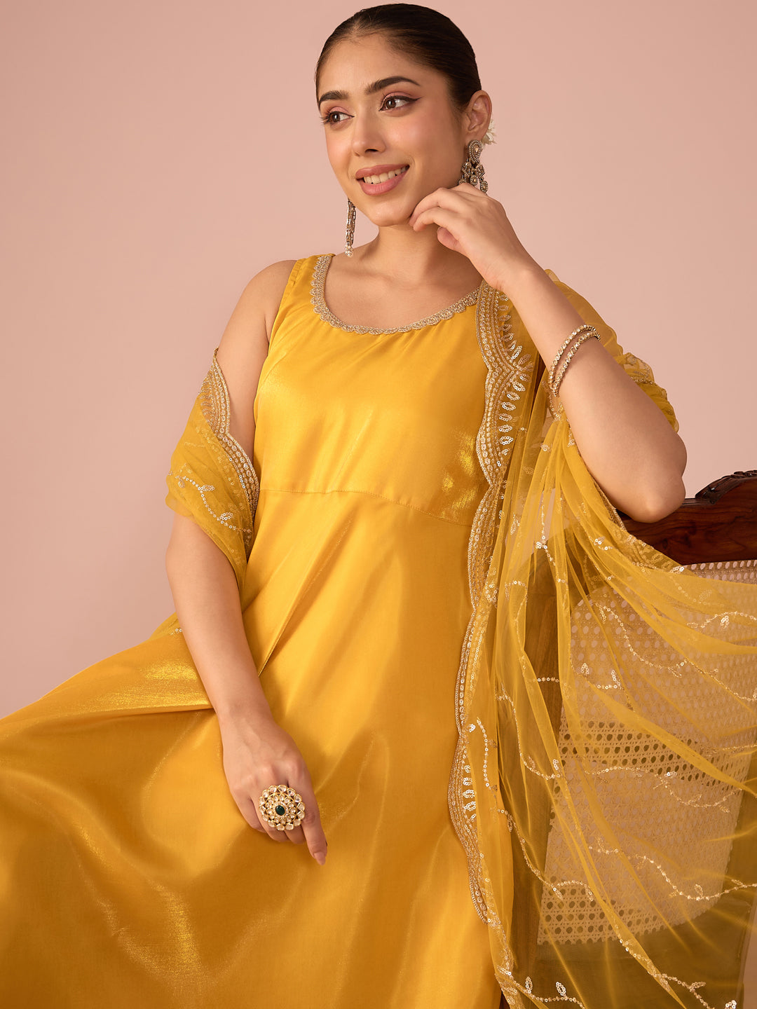 Janasya Women's Yellow Silk Blend Solid A-Line Kurta Set with Embroidered Dupatta