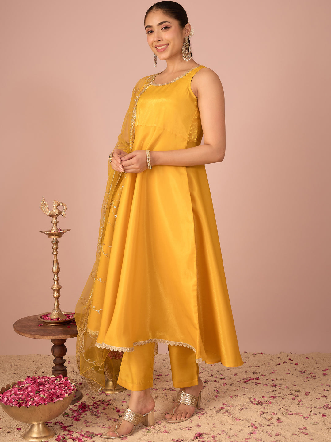Janasya Women's Yellow Silk Blend Solid A-Line Kurta Set with Embroidered Dupatta