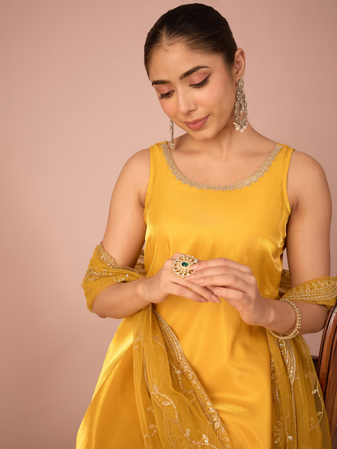 Janasya Women's Yellow Silk Blend Solid A-Line Kurta Set with Embroidered Dupatta