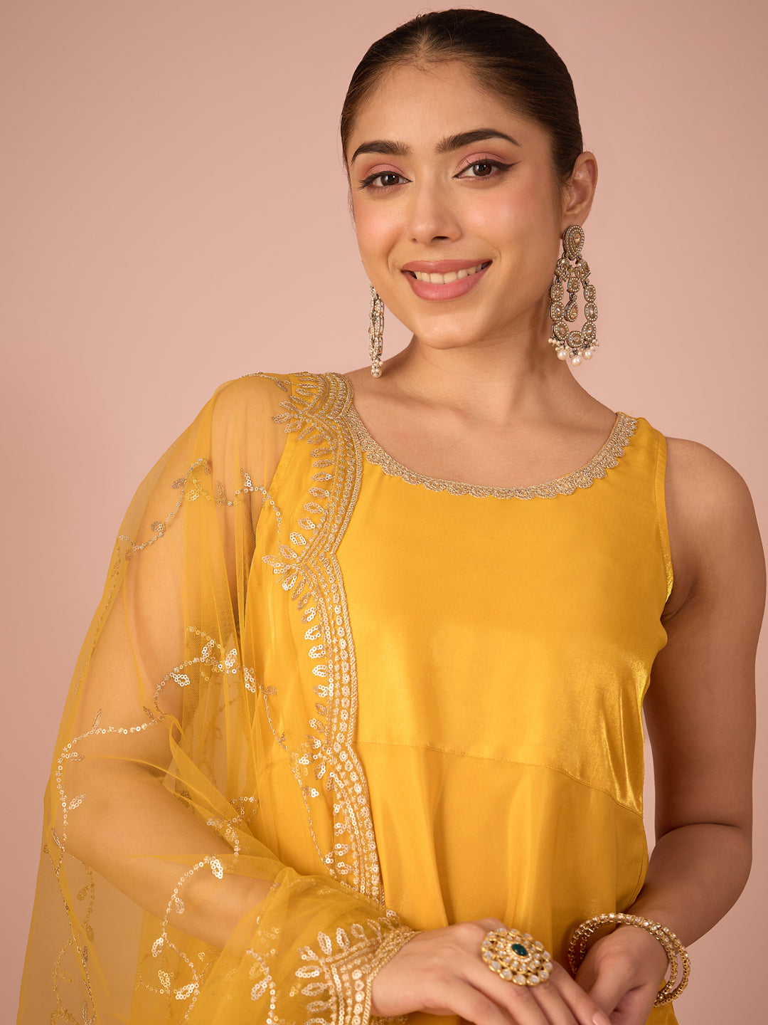 Janasya Women's Yellow Silk Blend Solid A-Line Kurta Set with Embroidered Dupatta
