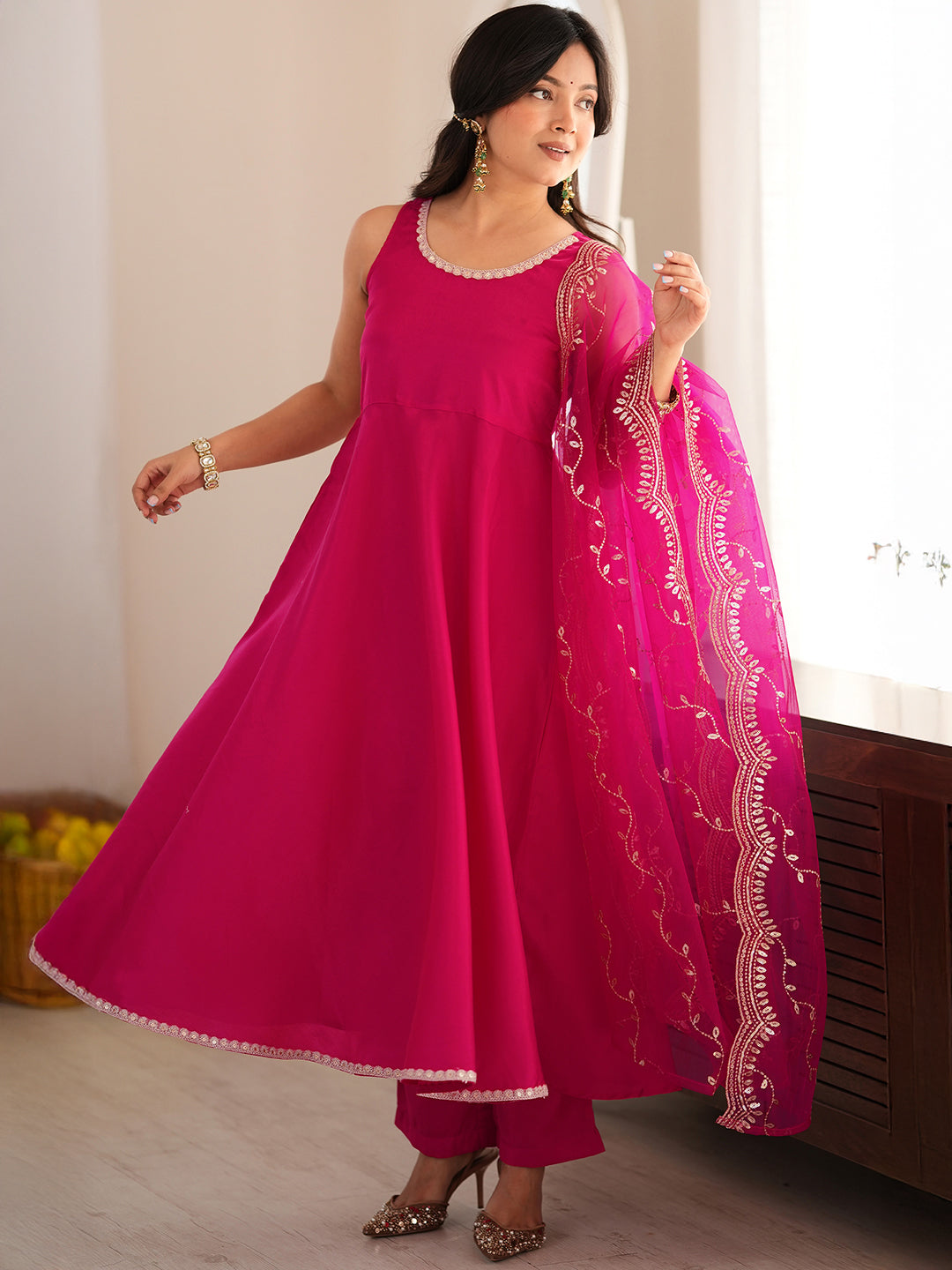 Janasya Women's Pink Silk Blend Embellished A-Line Kurta Set with Embroidered Dupatta