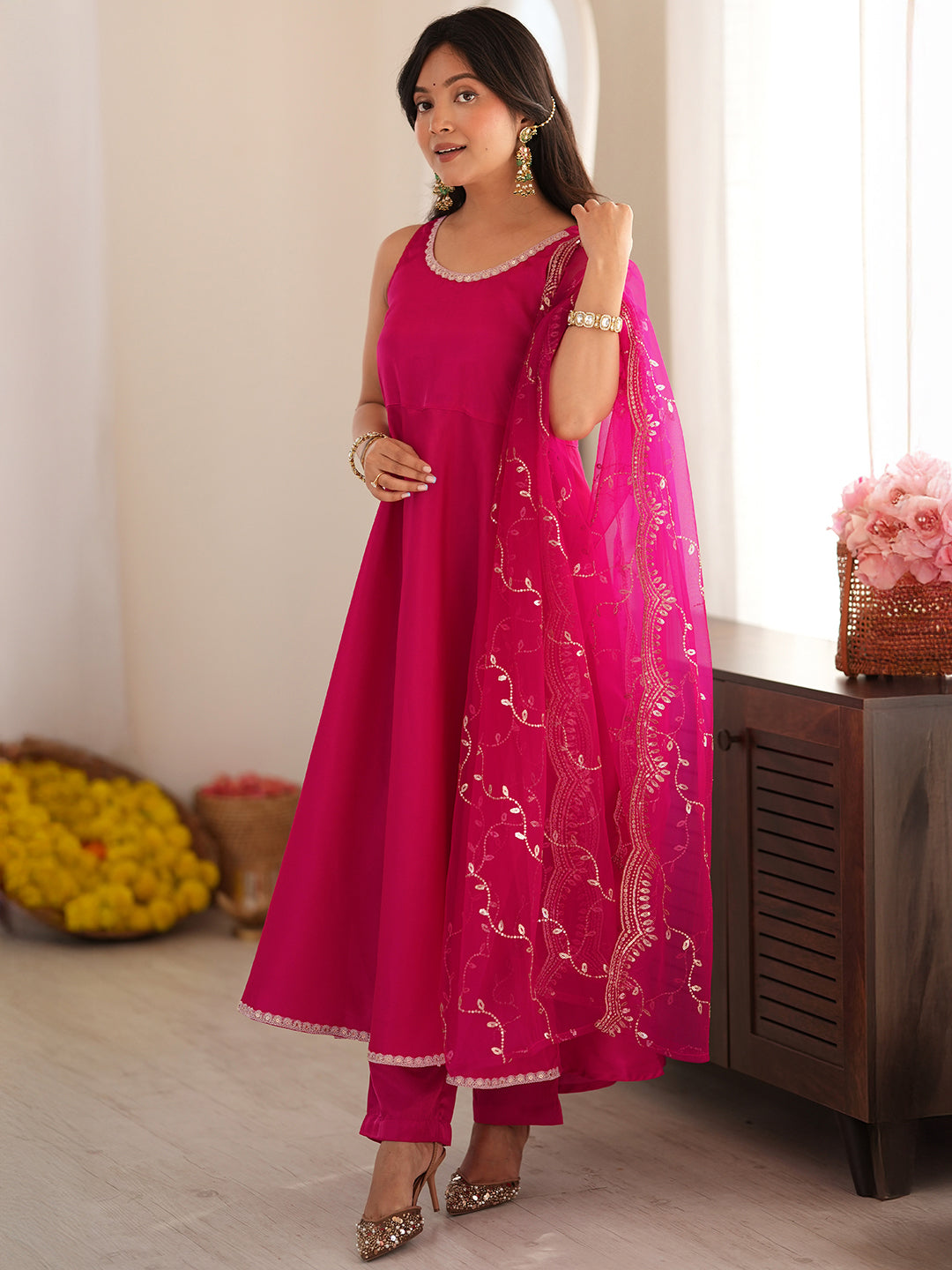 Janasya Women's Pink Silk Blend Embellished A-Line Kurta Set with Embroidered Dupatta