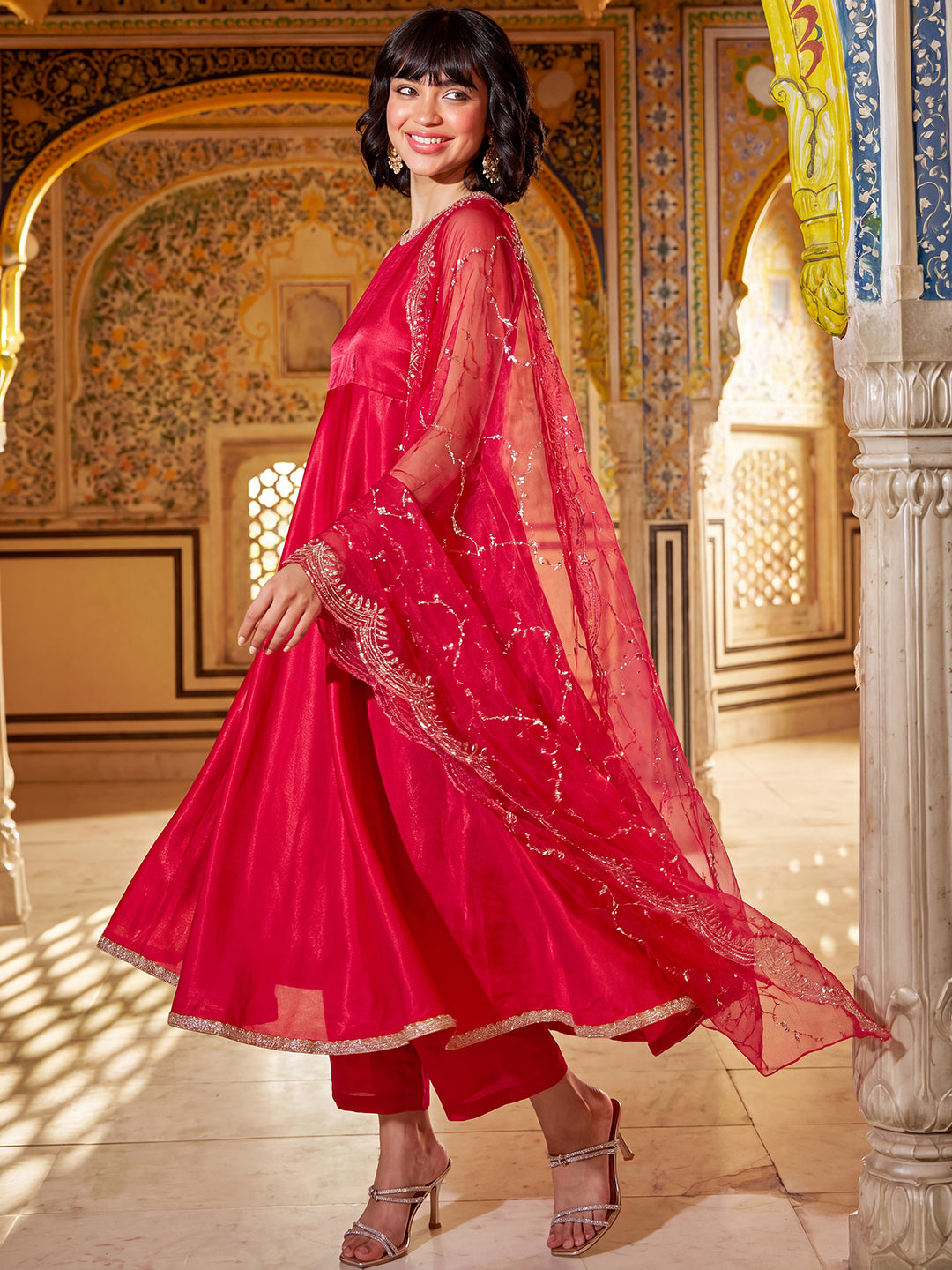 Janasya Women's Pink Silk Blend Embellished A-Line Kurta Set with Embroidered Dupatta