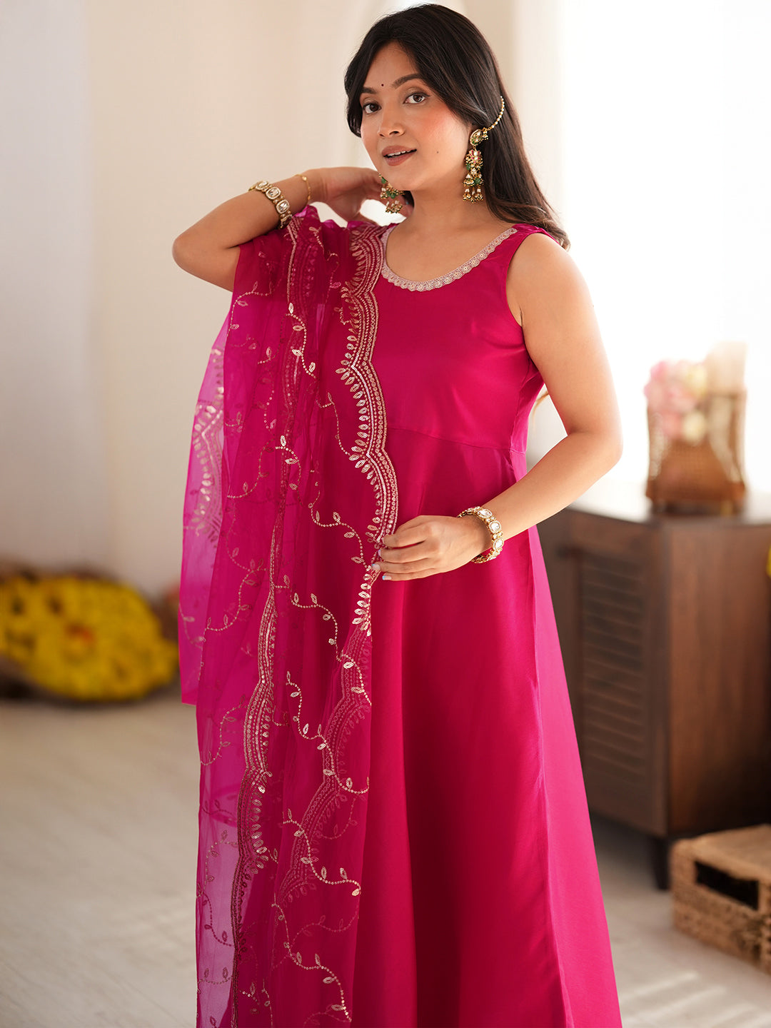 Janasya Women's Pink Silk Blend Embellished A-Line Kurta Set with Embroidered Dupatta