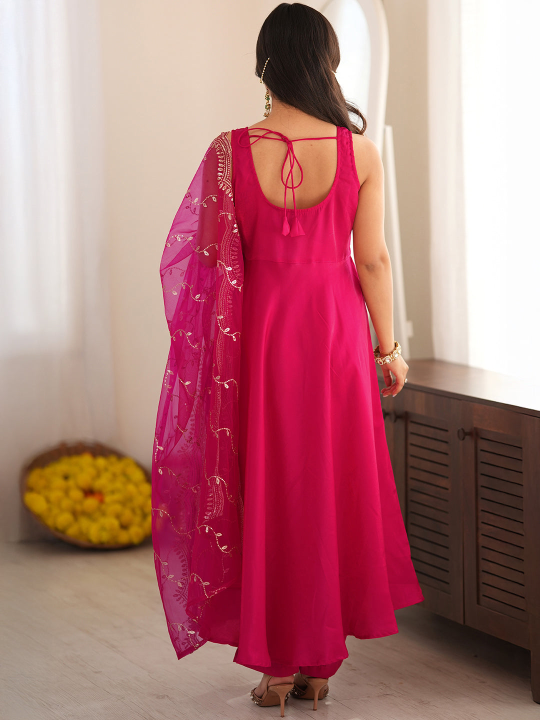 Janasya Women's Pink Silk Blend Embellished A-Line Kurta Set with Embroidered Dupatta