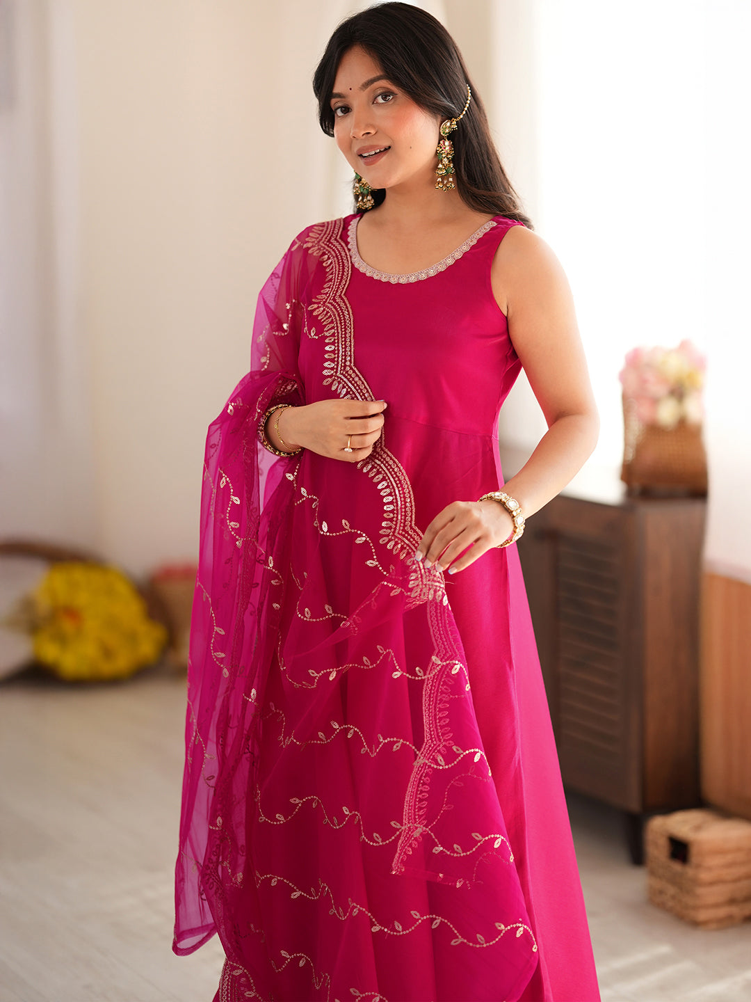 Janasya Women's Pink Silk Blend Embellished A-Line Kurta Set with Embroidered Dupatta