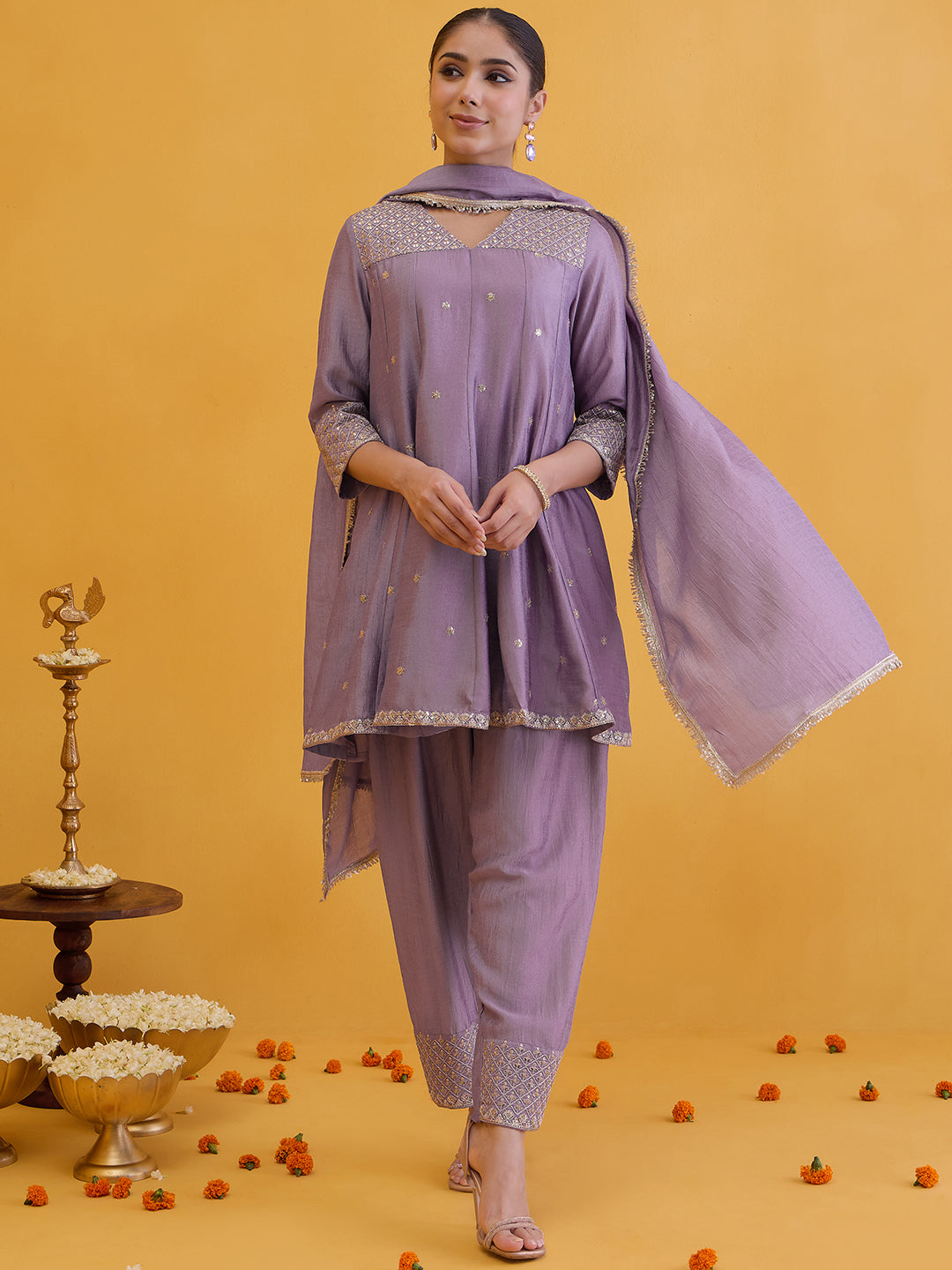 Janasya Women's Lavender Silk Blend Floral Zari Embroidered A-Line Kurta with Salwar and Dupatta Set