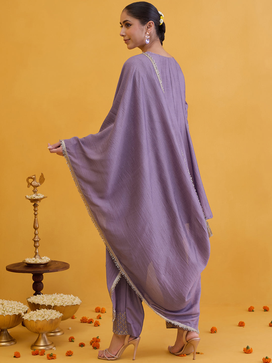 Janasya Women's Lavender Silk Blend Floral Zari Embroidered A-Line Kurta with Salwar and Dupatta Set