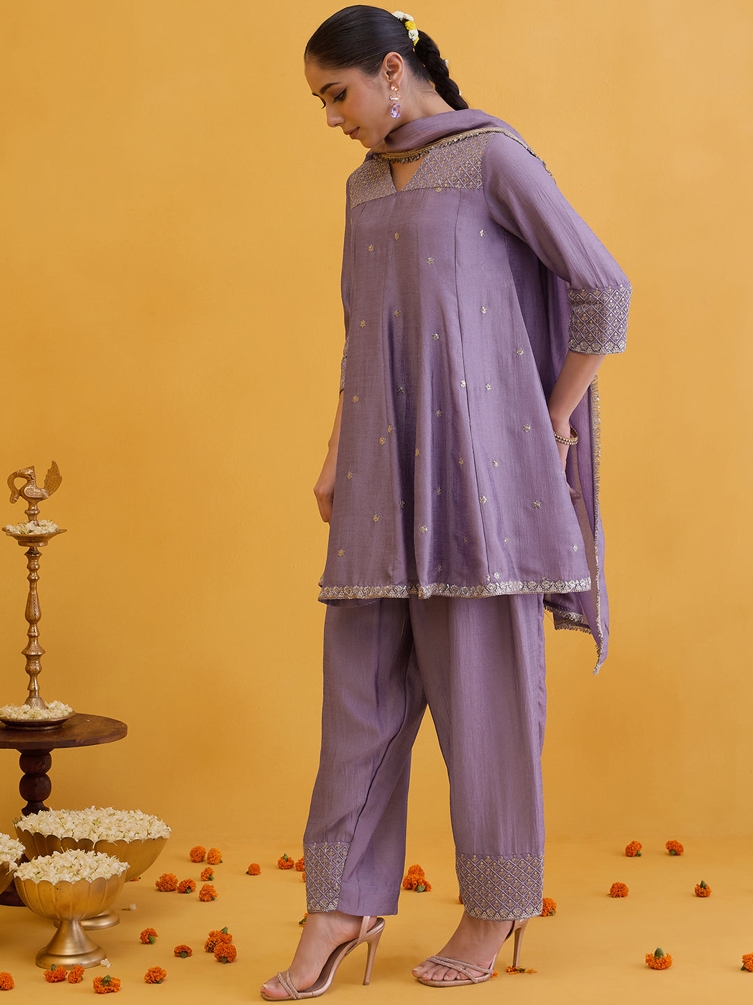 Janasya Women's Lavender Silk Blend Floral Zari Embroidered A-Line Kurta with Salwar and Dupatta Set