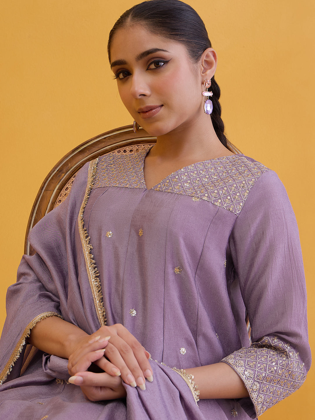 Janasya Women's Lavender Silk Blend Floral Zari Embroidered A-Line Kurta with Salwar and Dupatta Set