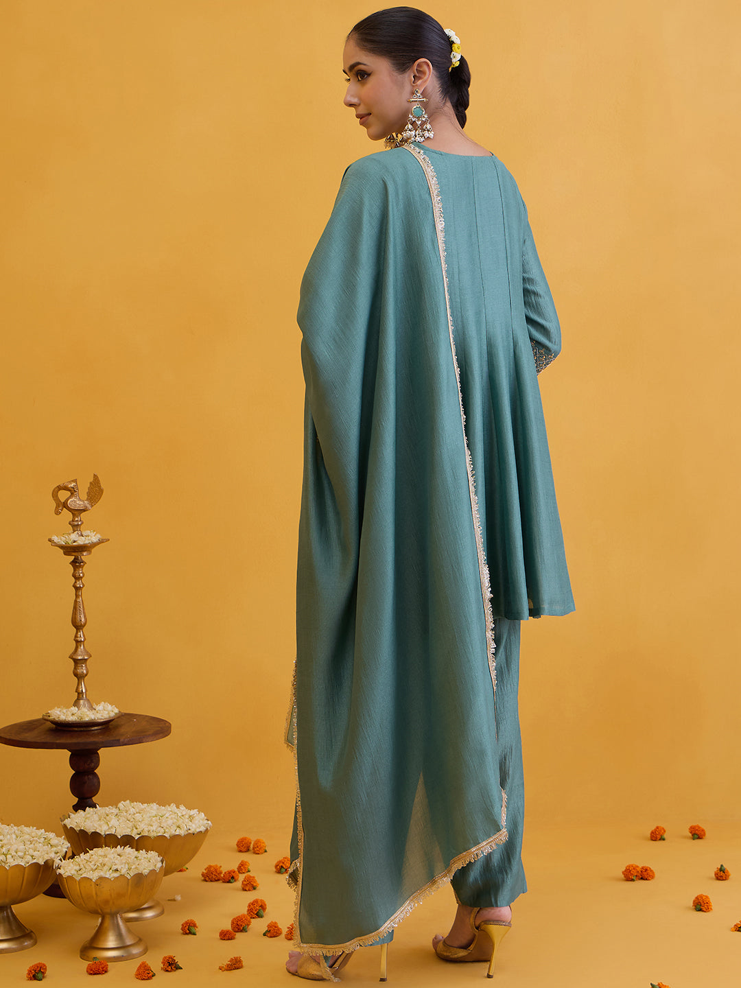 Janasya Women's Sea Green Silk Blend Embroidered A-Line Kurta Set
