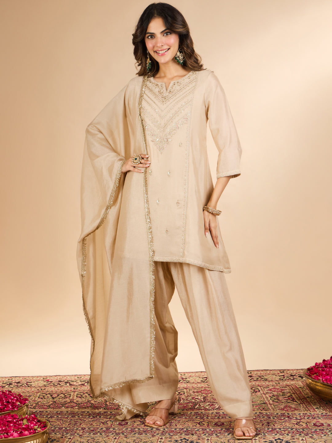 Janasya Women's Off White Silk Blend Floral Zari Embroidered A-Line Farshi Salwar Set