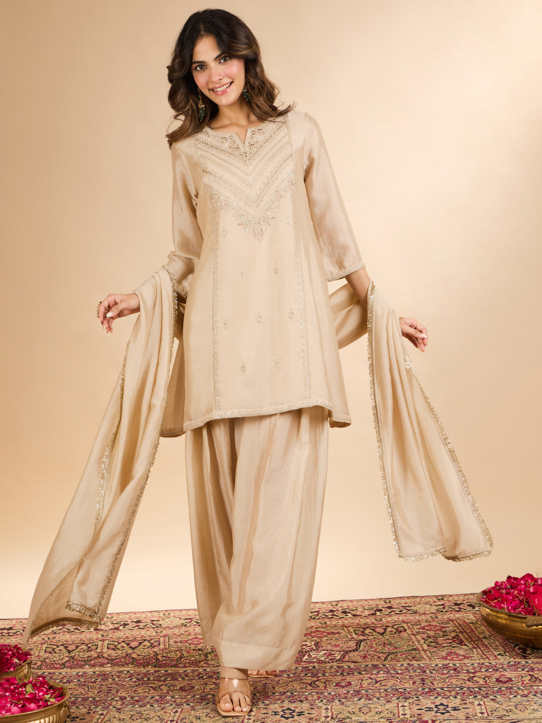 Janasya Women's Off White Silk Blend Floral Zari Embroidered A-Line Farshi Salwar Set