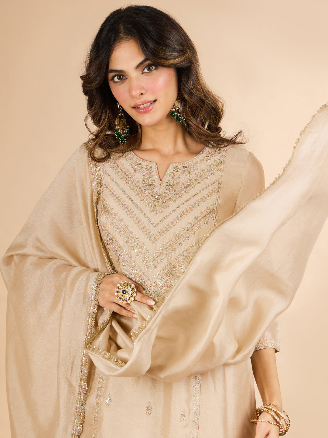 Janasya Women's Off White Silk Blend Floral Zari Embroidered A-Line Farshi Salwar Set