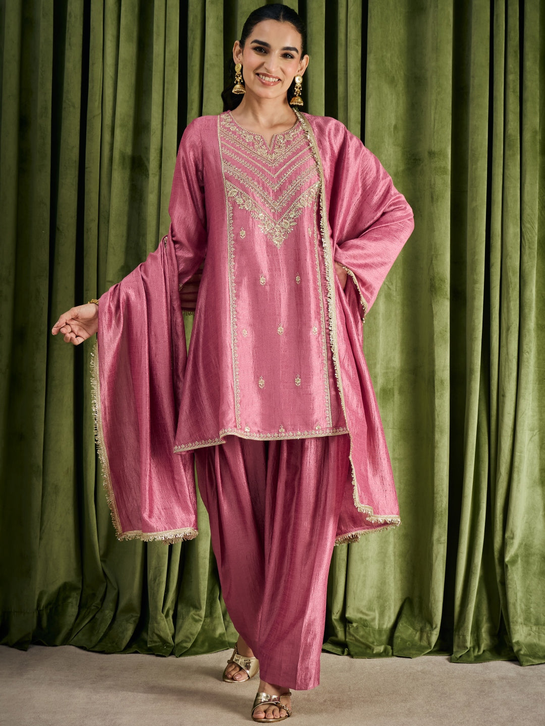 Janasya Women's Metallic Pink Silk Blend Zari Floral Embroidered A-Line Kurta with Salwar and Dupatta Set