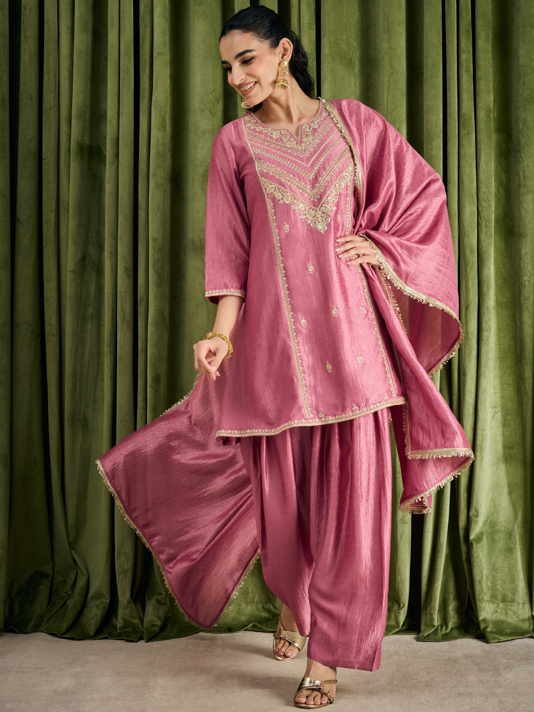 Janasya Women's Metallic Pink Silk Blend Zari Floral Embroidered A-Line Kurta with Salwar and Dupatta Set