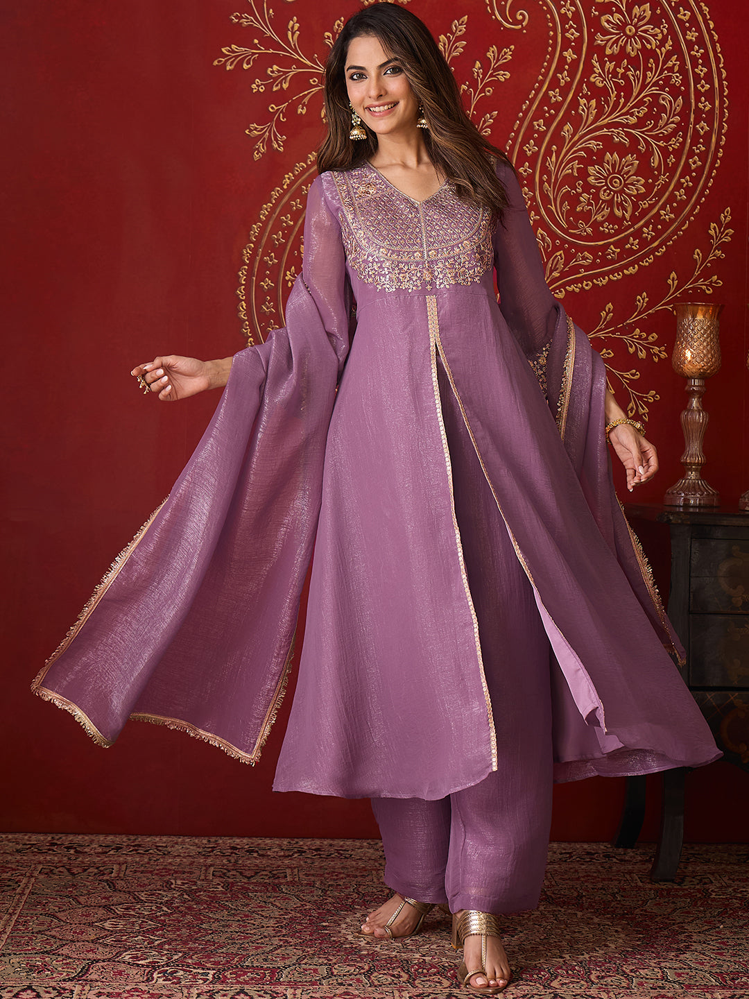 Janasya Women's Lavender Silk Blend Floral Embroidered A-Line Front Slit Kurta Set