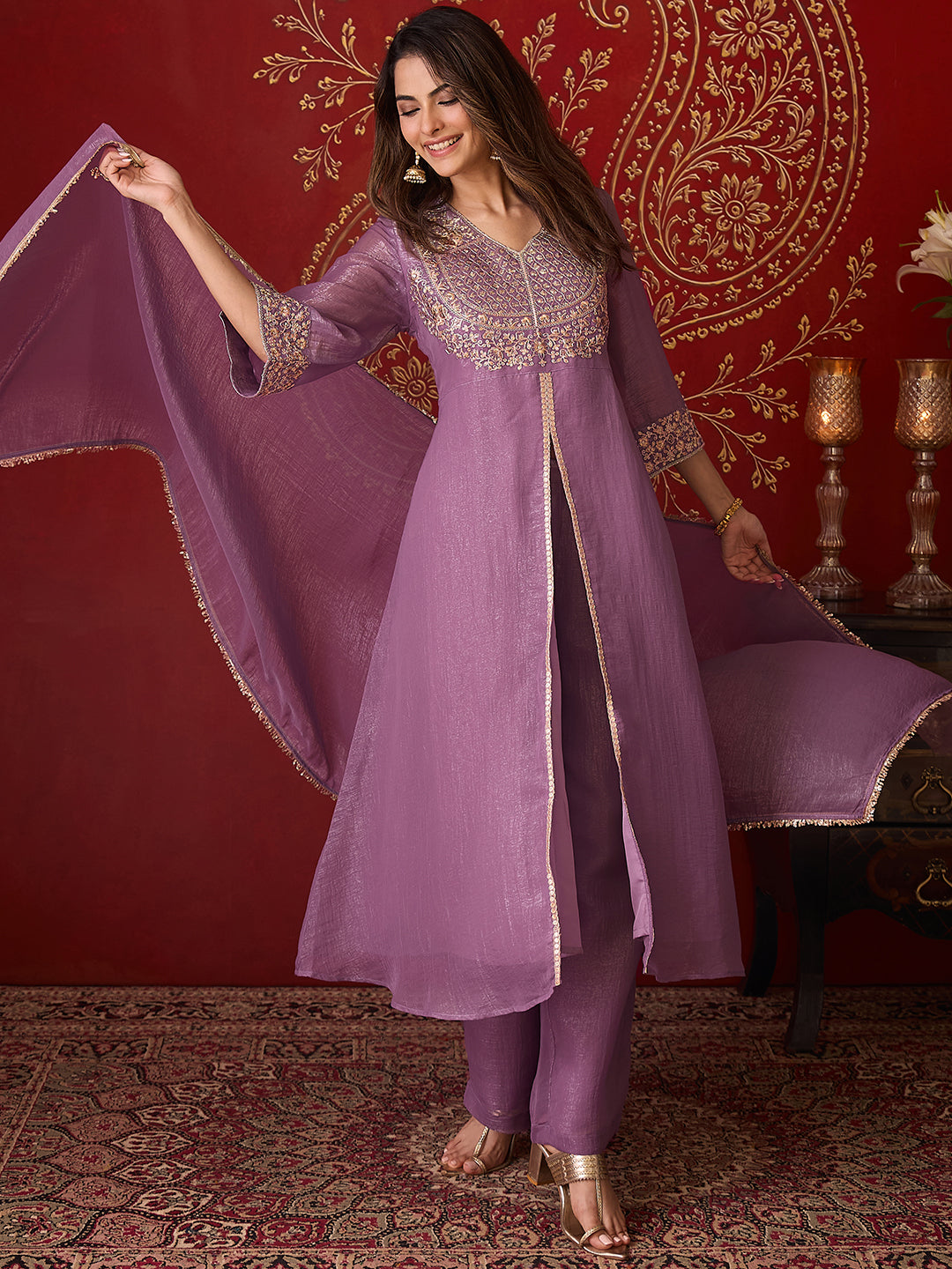 Janasya Women's Lavender Silk Blend Floral Embroidered A-Line Front Slit Kurta Set