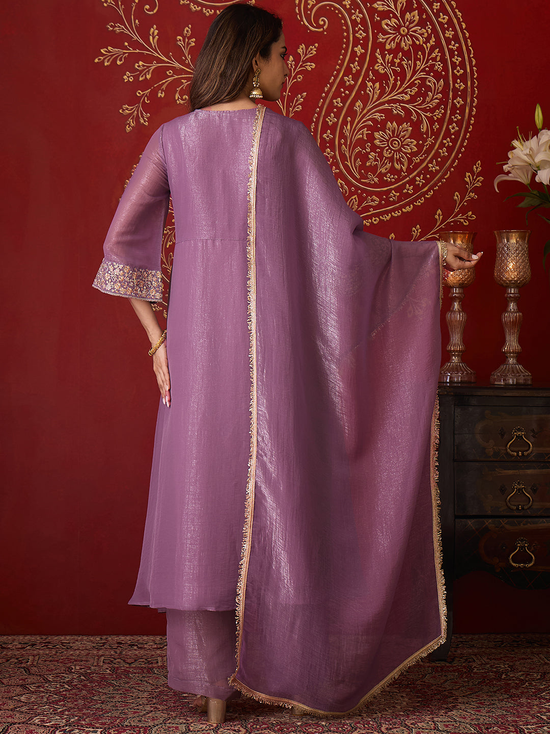 Janasya Women's Lavender Silk Blend Floral Embroidered A-Line Front Slit Kurta Set