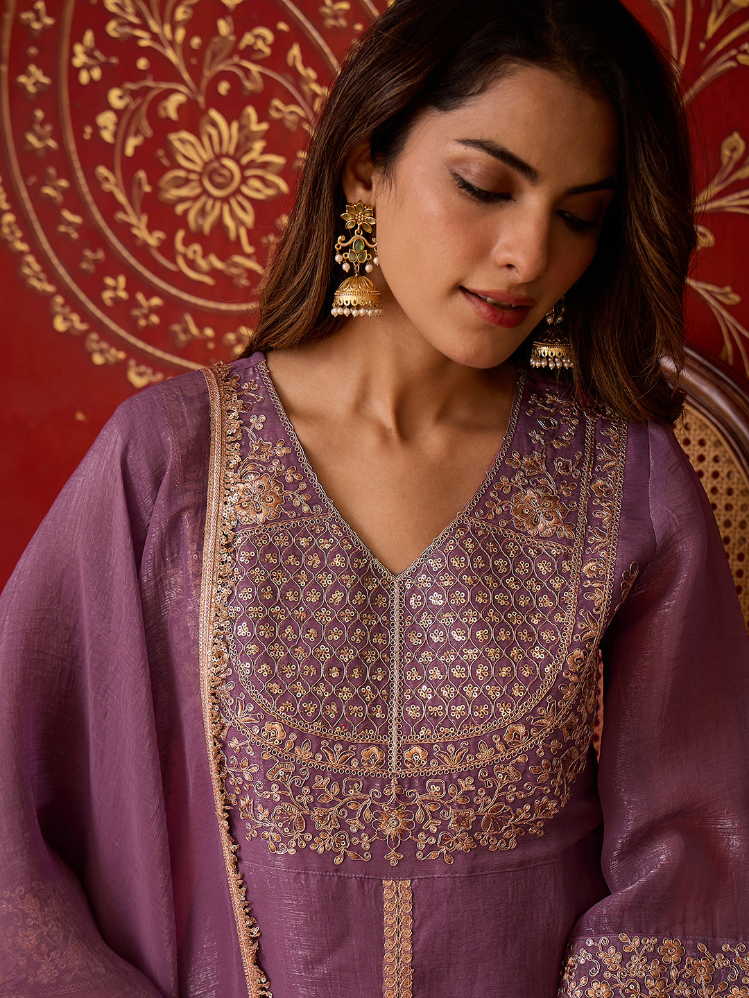 Janasya Women's Lavender Silk Blend Floral Embroidered A-Line Front Slit Kurta Set