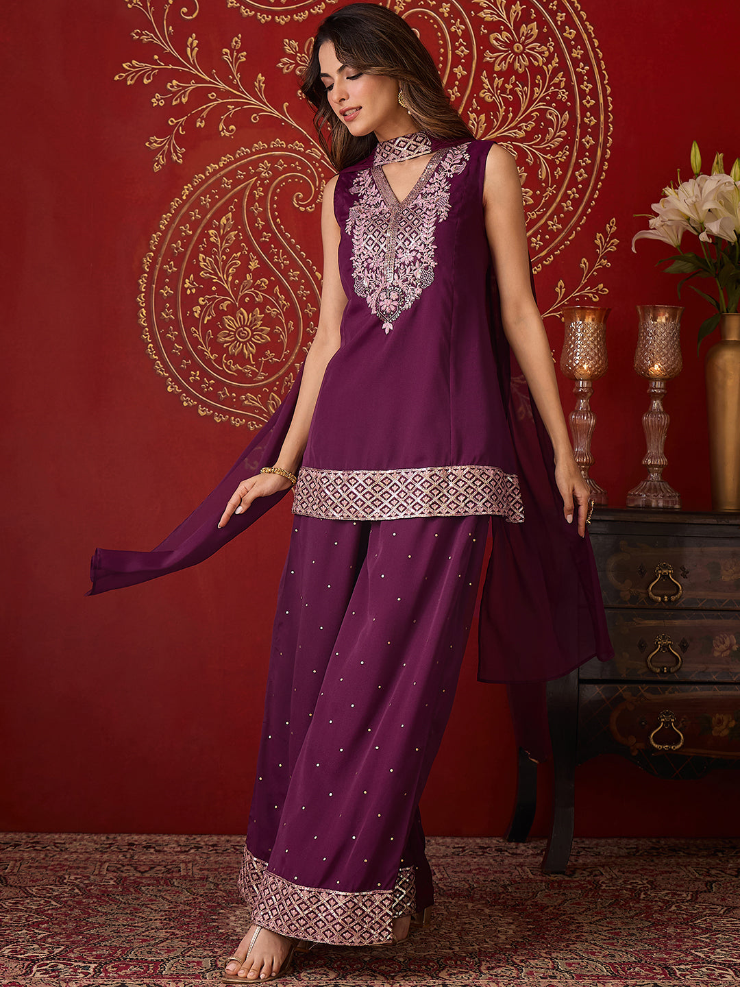 Janasya Women's Wine Georgette Floral Sequins Embroidered A-Line Kurta with Palazzo And Choker Dupatta Set