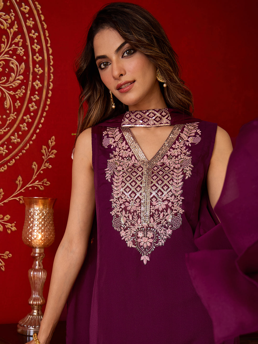 Janasya Women's Wine Georgette Floral Sequins Embroidered A-Line Kurta with Palazzo And Choker Dupatta Set