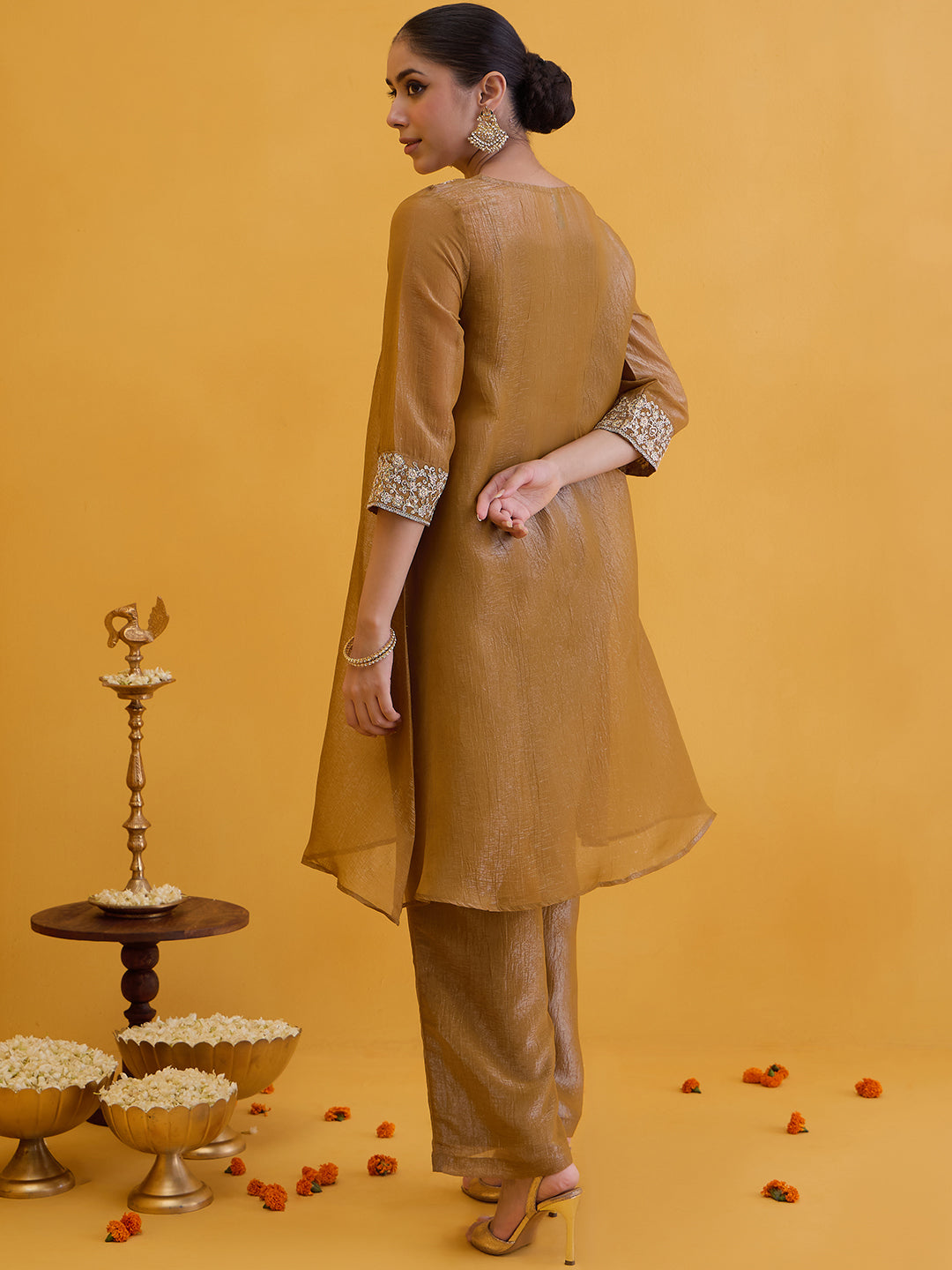 Janasya Women's Mustard Silk Blend Yoke Embroidered A-Line Kurta Pant with Inner Set