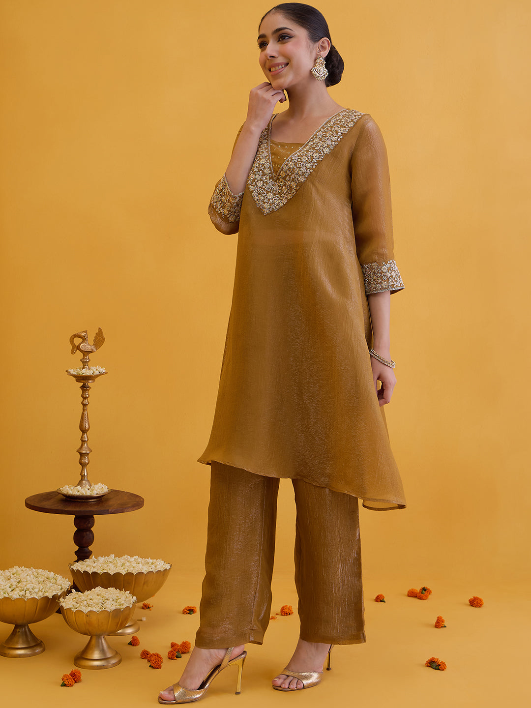 Janasya Women's Mustard Silk Blend Yoke Embroidered A-Line Kurta Pant with Inner Set