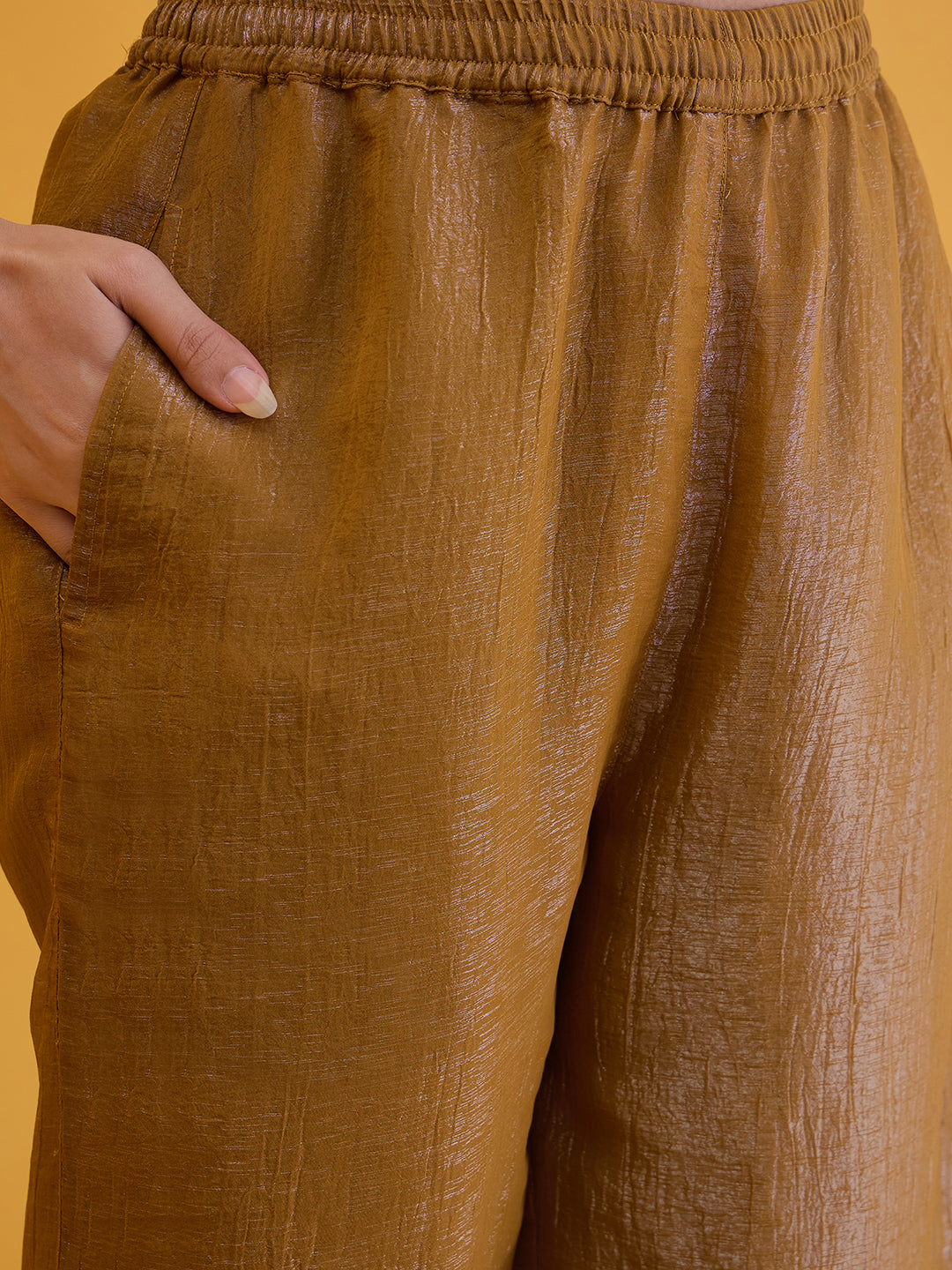 Janasya Women's Mustard Silk Blend Yoke Embroidered A-Line Kurta Pant with Inner Set