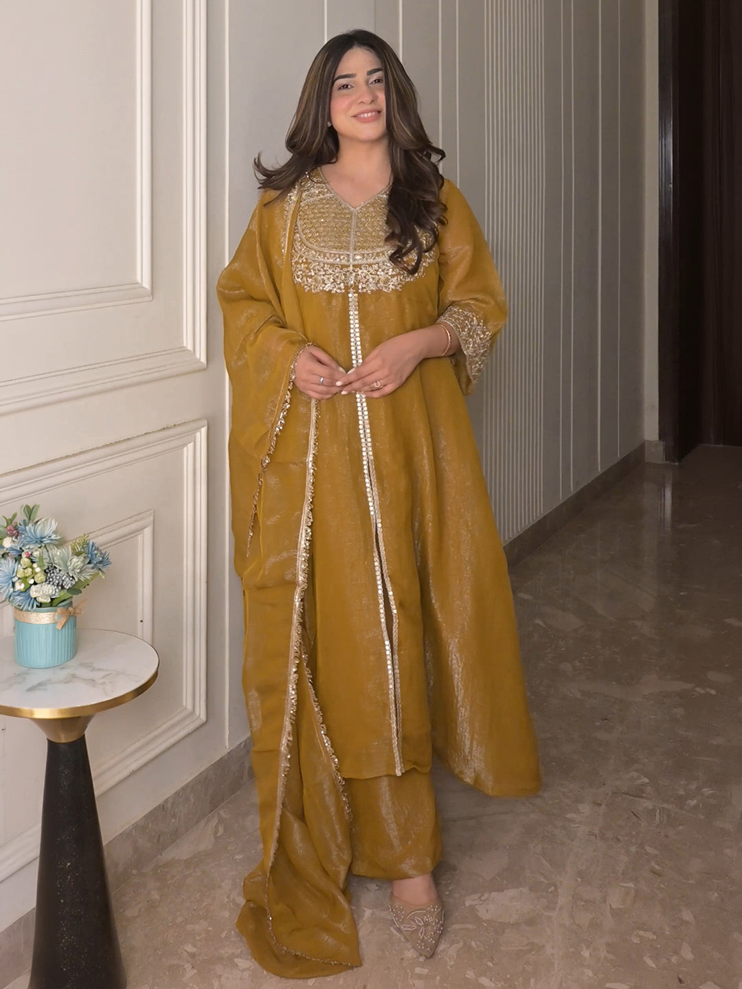 Janasya Women’s Olive Mustard Silk Blend Floral Embroidered A-Line Front-Open Kurta Set