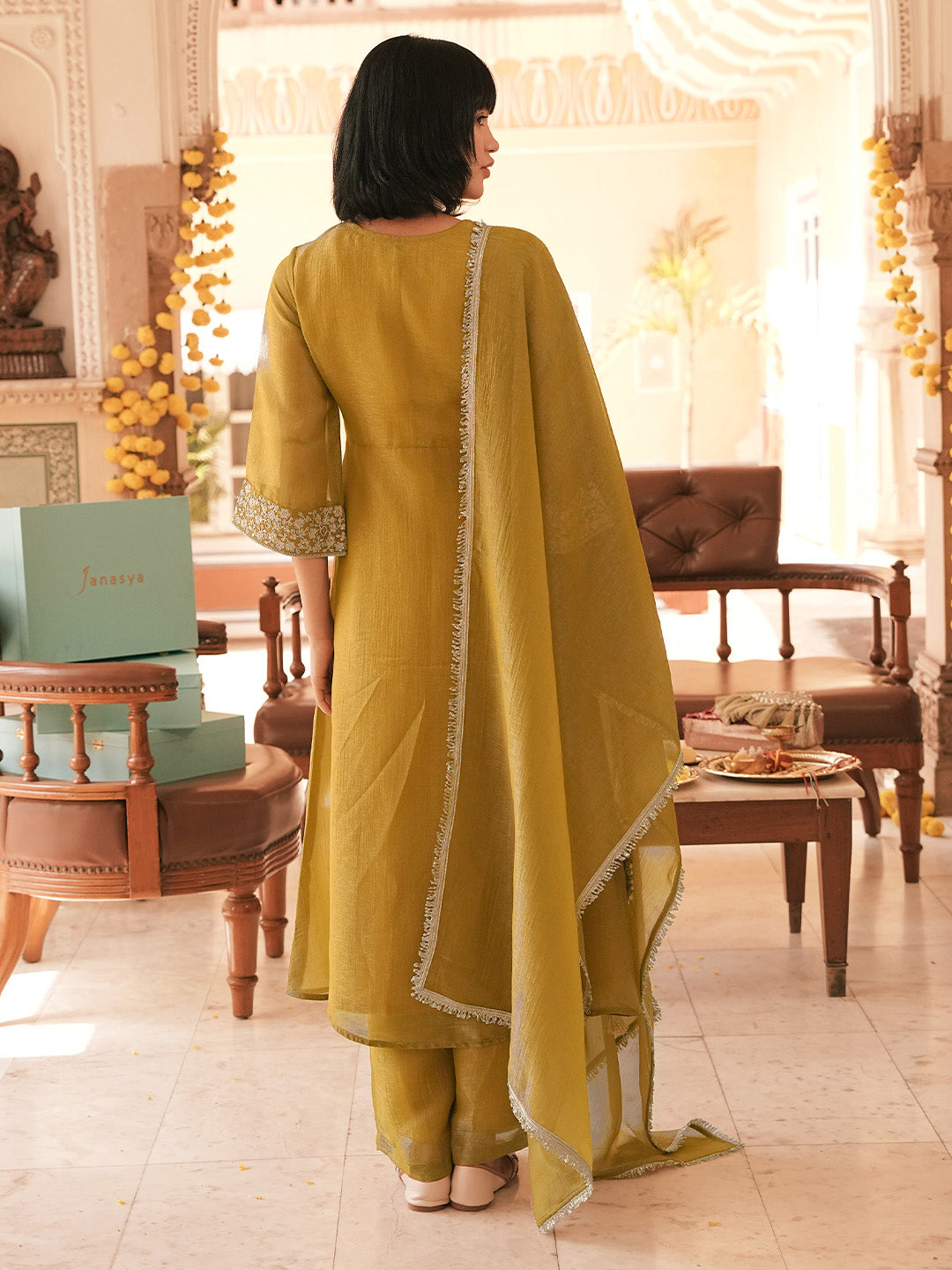 Janasya Women’s Olive Mustard Silk Blend Floral Embroidered A-Line Front-Open Kurta Set