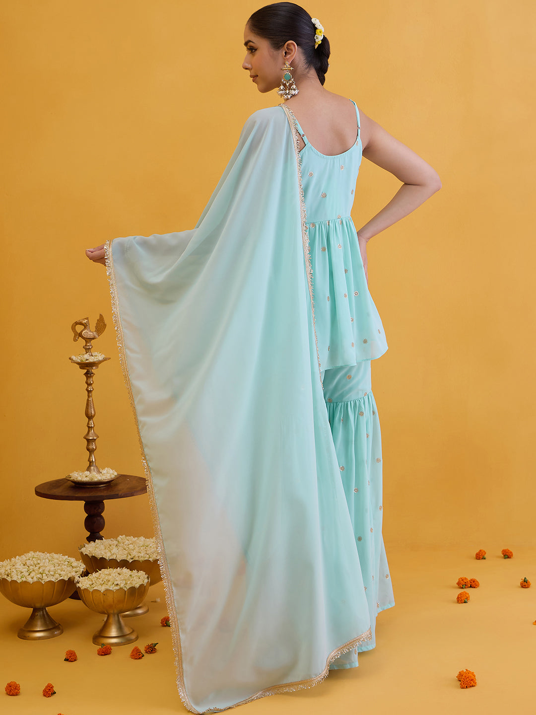 Janasya Women's Aqua Blue Georgette Embellished A-Line Kurta with Sharara and Dupatta Set